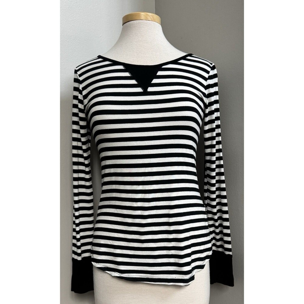 Boutique Promesa Black/White Striped Elbow Patch Fashion Top